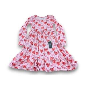 NWT Lev Baby Long Sleeve Twirl Dress Bamboo Viscose Pink Bows Girls 7-8
